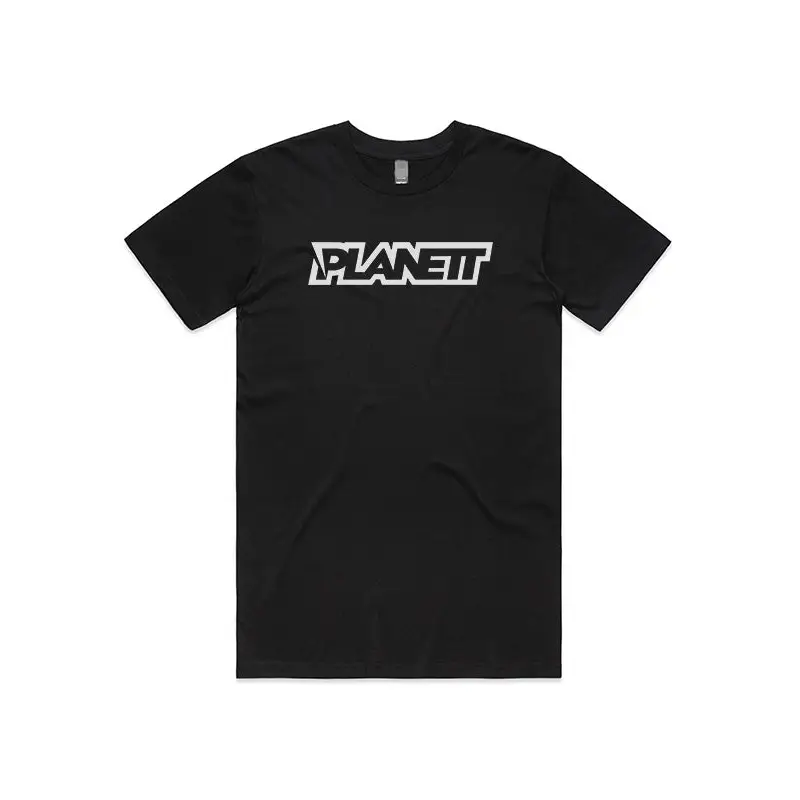 Black t-shirt with white ’PLANETT’ logo.