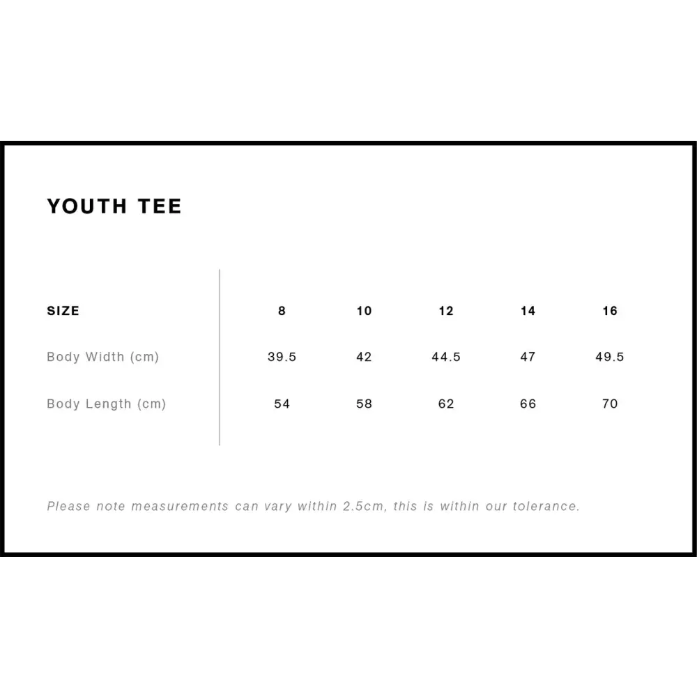 Youth tee size chart.