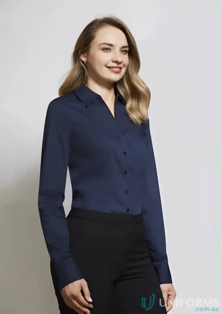 Woman’s navy blue monaco long sleeve shirt from YR Ladies EM B LS Shirt in women’s biz collection