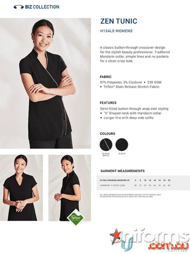 Womens black Zen Crossover Tunic with mandarin collar and stain release fabric