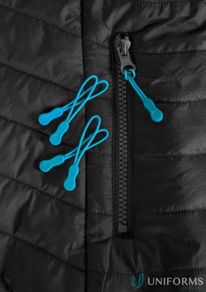 Black quilted jacket from Zippies collection j744 with eyelet head zippers and blue zipper pulls