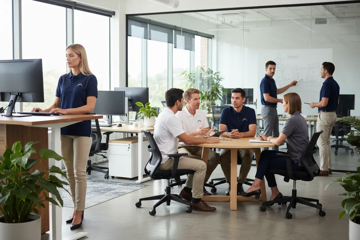 Woman in polo shirt at standing desk in Australian workplaces