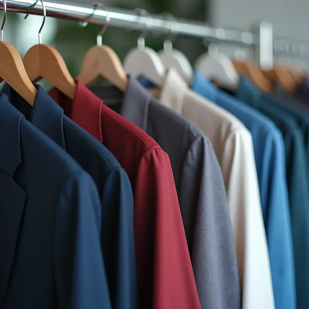 Neat row of solid navy, red, gray, white mens dress shirts for corporate uniform policy