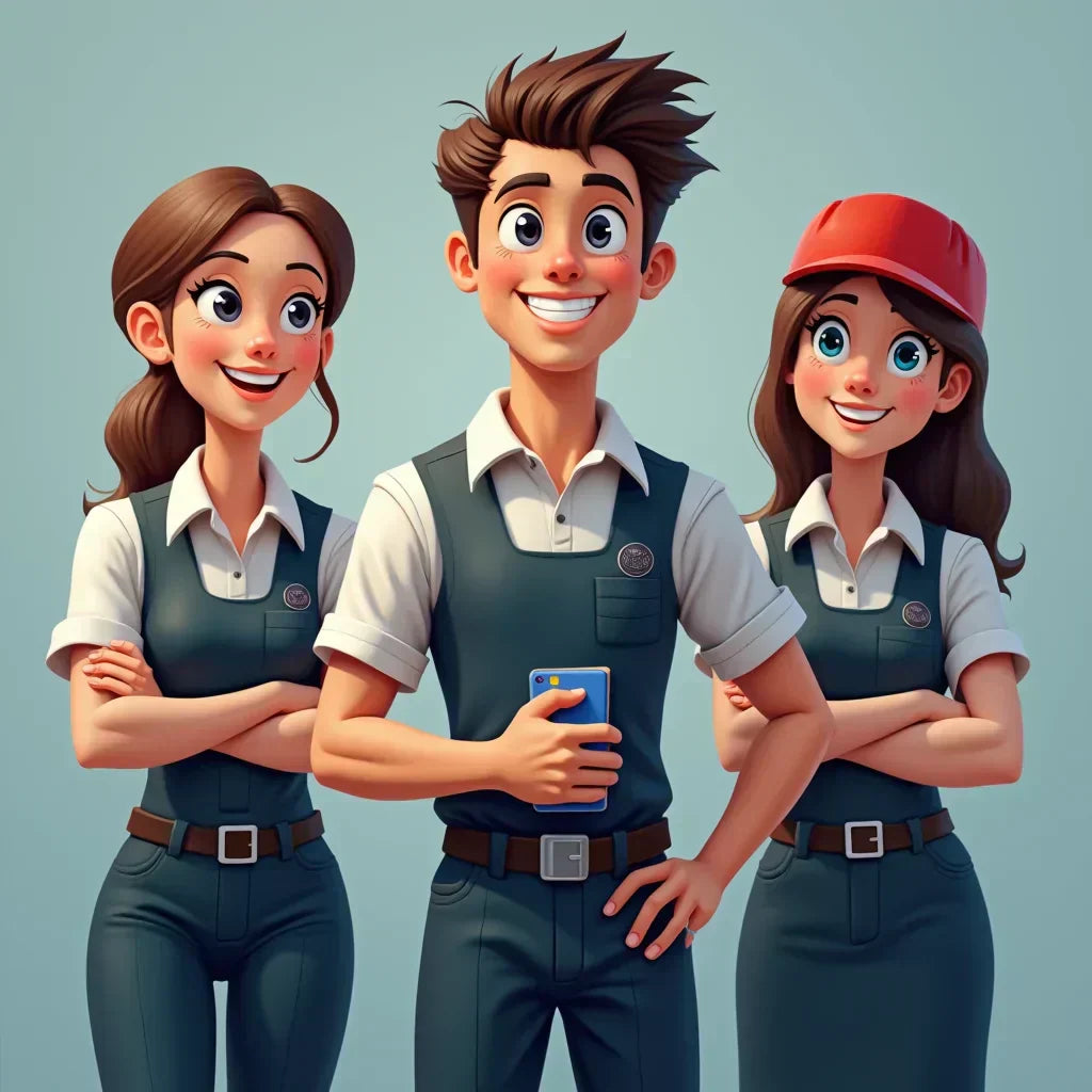 Three cartoon workers in green overalls boost brand positioning