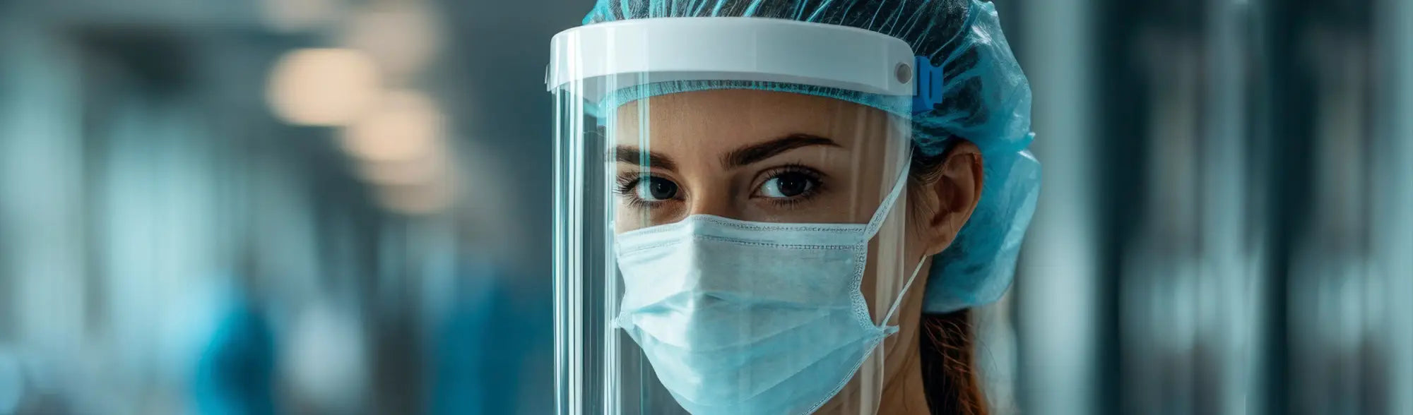 Medical professional in protective gear showing face masks and workwear for PPE collection