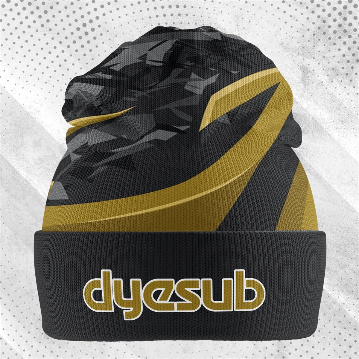 Black and gold geometric-patterned knit beanie with dyesub embroidery perfect for uniforms and workwear styles