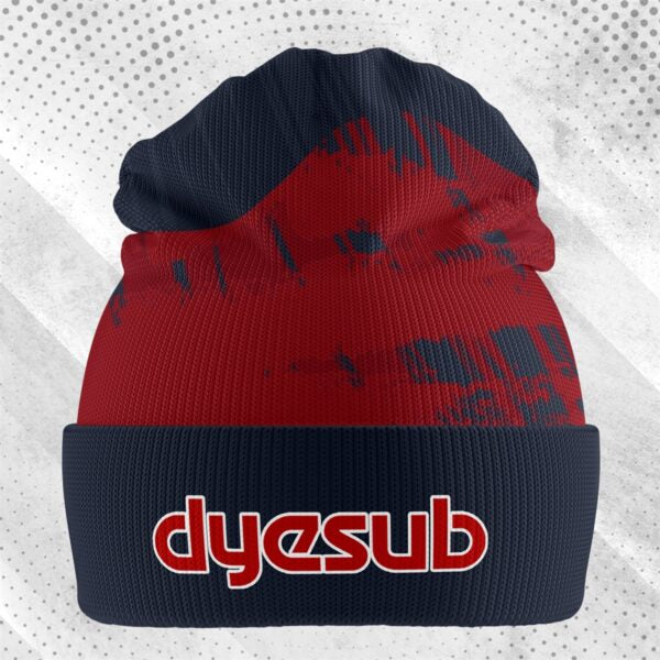 Sublimated red and navy blue knit beanie with tie dye pattern and dyesub logo, perfect for workwear and uniforms