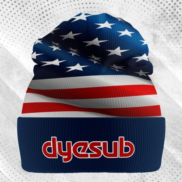 Blue knit sublimated beanie with white stars red stripes and navy cuff embroidered with dyesub logo for workwear uniforms