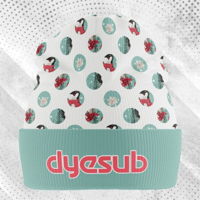 Sublimated beanie with white knit body and mint green cuff featuring dyesub logo perfect for work uniforms and uniforms