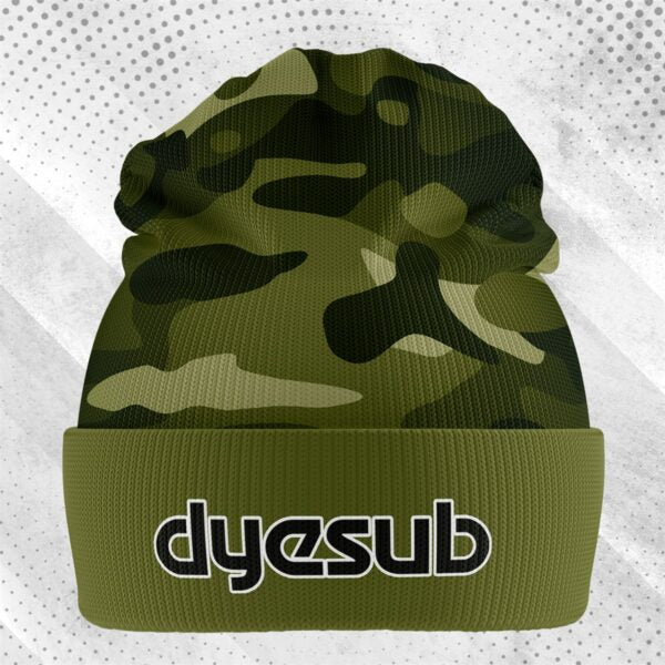 Olive green camouflage knit sublimated beanie with ribbed cuff and dyesub logo perfect for workwear and uniforms