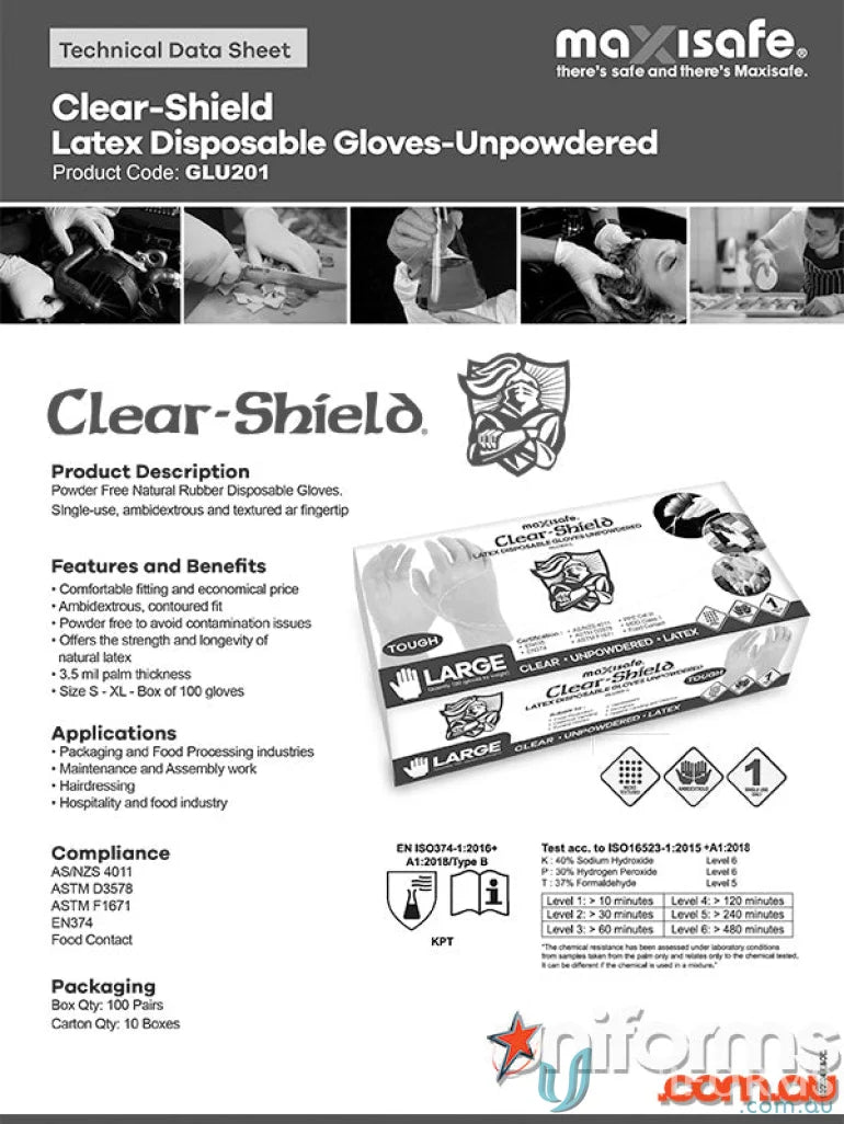 Clear-Shield latex disposable gloves ideal for work uniforms and workwear safety