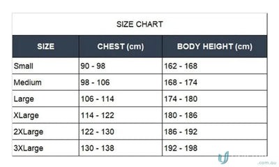 Clothing size chart for 10pk Chemmaster Green PVC Coveralls, perfect for wide range uniforms