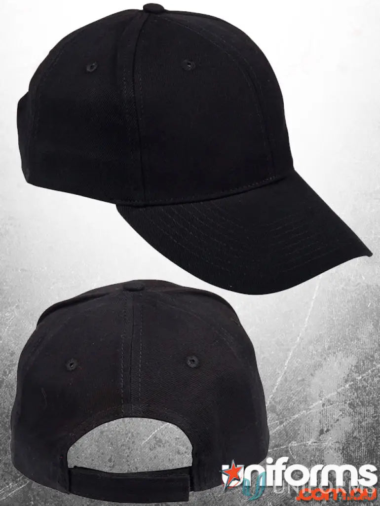 Two views of a black heavy brushed cotton 6-panel structured winning spirit traditional cap with fabric strap