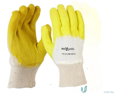 Yellow and white economy yellow latex glass gripper gloves for extra grip and protection
