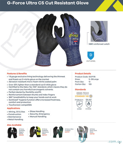 12pk G-Force Ultra C5 Cut Resistant Work Glove for safe handling