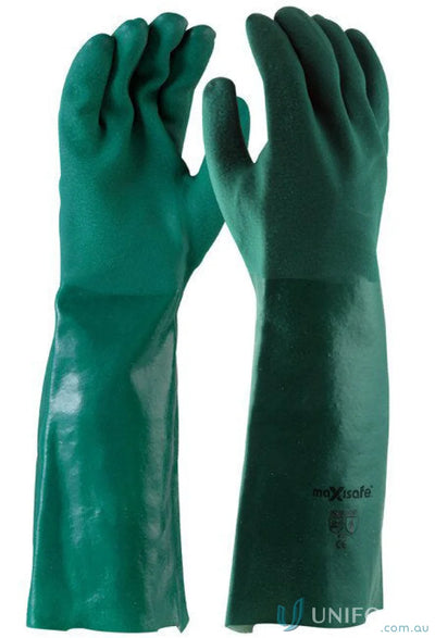 Pair of long green double dipped PVC gauntlets for protection and durability