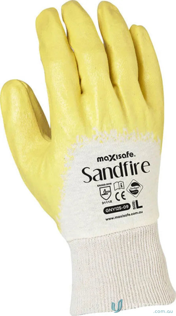 Yellow and white work glove from 12pk Sandfire Nitrile workwear collection