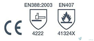 Safety certification symbols on 12pk Welders Gauntlet workwear with cross stitched reinforcement