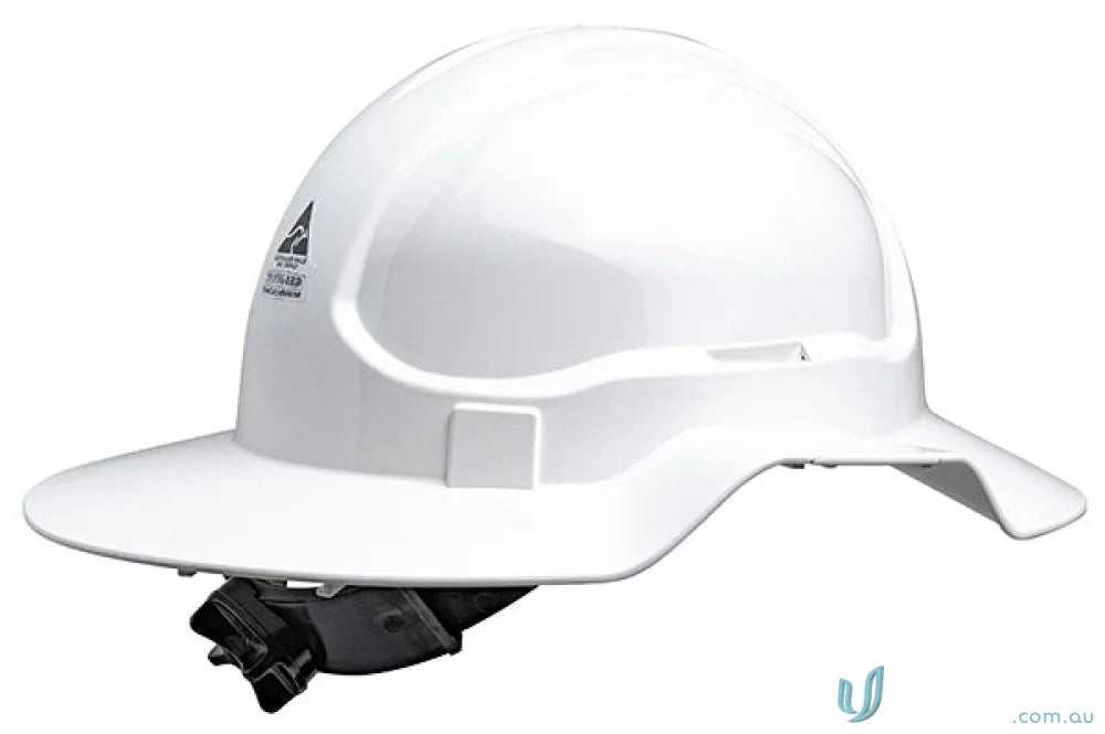 White hard hat with broad brim for extra coverage and sun protection