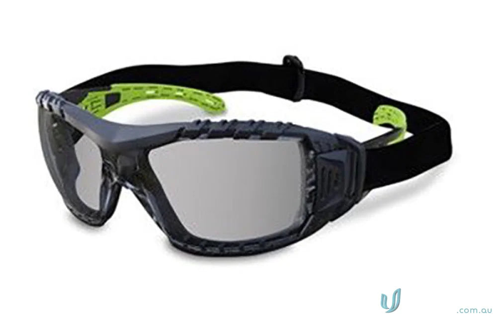 Black safety goggles with adjustable strap and smoke lens for workwear and uniforms
