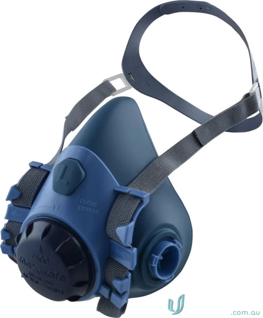 Blue half-face respirator with adjustable straps from MaxiGuard chemical kit for workwear