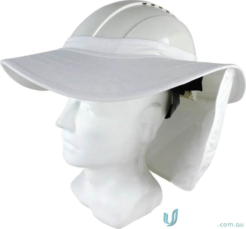 White hard hat with sun shield and neck flap for workplace uniforms safety