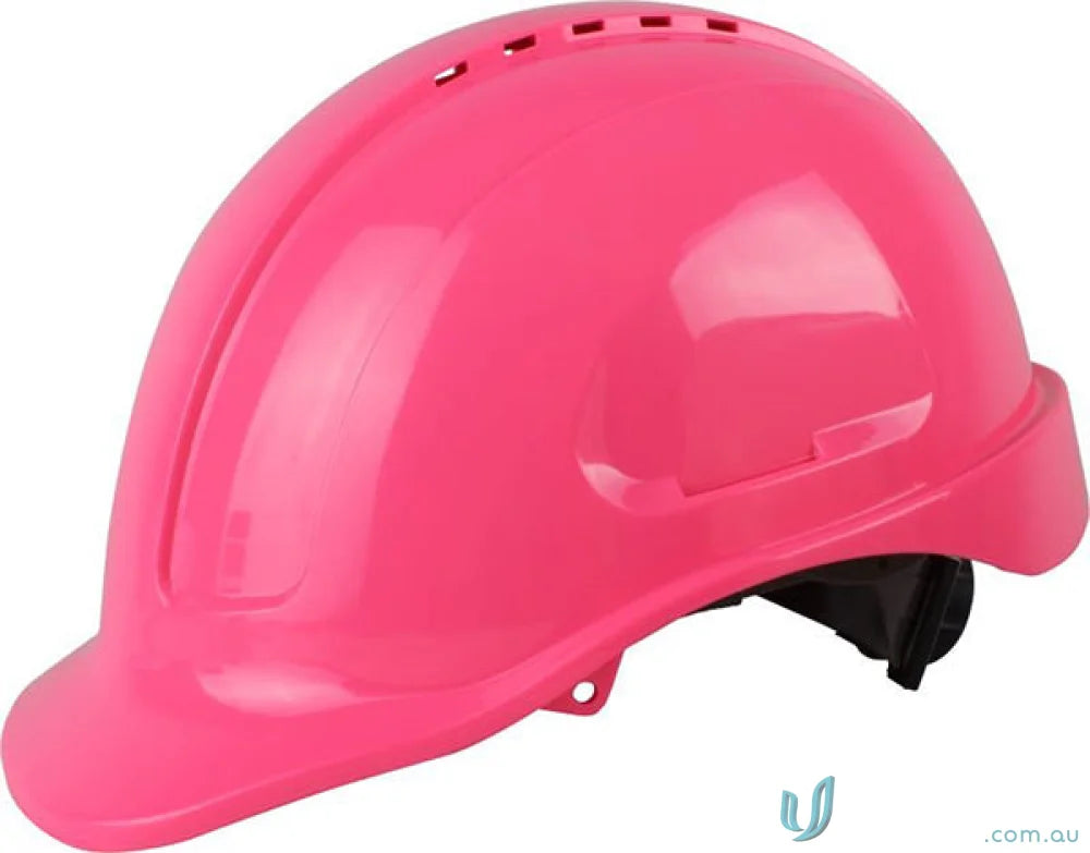 Pink vented hard hat with ratchet harness and long peak for safety and comfort