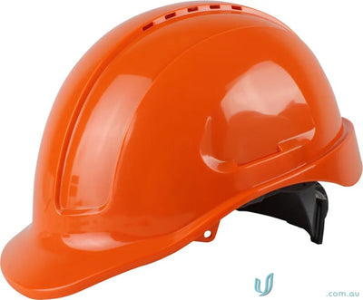 Orange vented hard hat with Sliplock Harness for safety and comfort on site