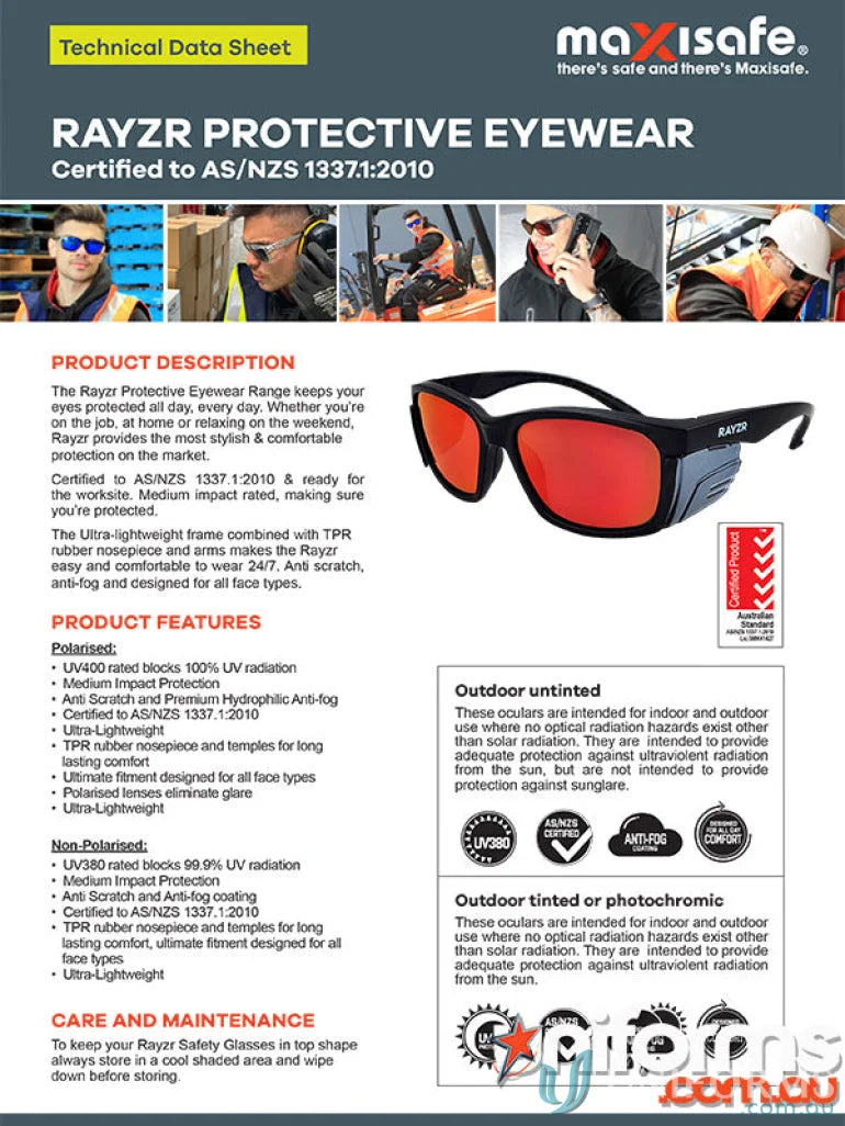 Rayzr Safety Glasses data sheet with TPR rubber nosepiece for medium impact protection