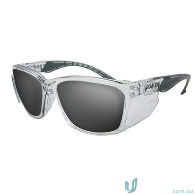Clear safety glasses with dark lenses, TPR rubber nosepiece, medium impact, anti scratch face