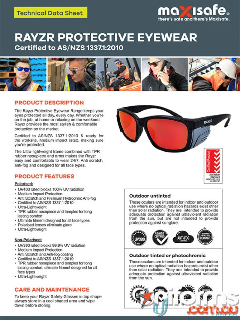 Rayzr Protective Eyewear Product Sheet showcasing medium impact safety glasses with tpr rubber nosepiece