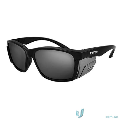 Black sunglasses with side shields, matte black frame, smoke lens, TPR rubber nosepiece