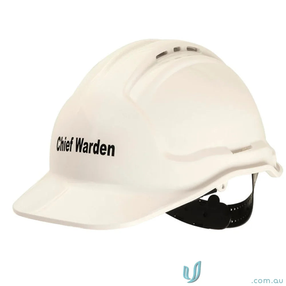 White hard hat from 1pk Tuffgard Hard Hat Chief Warden Kit, a hat chief warden gear