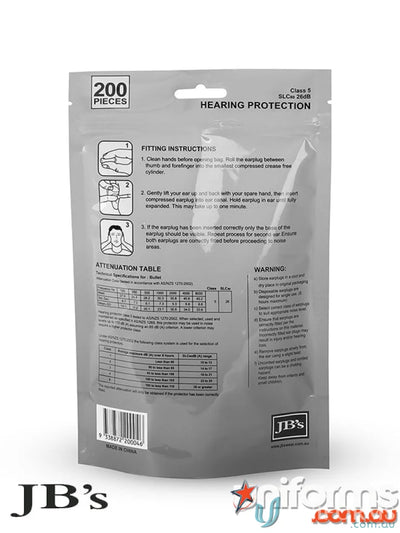 JBs 8P045 200 Pack. Bullet Shaped Ear Plugs