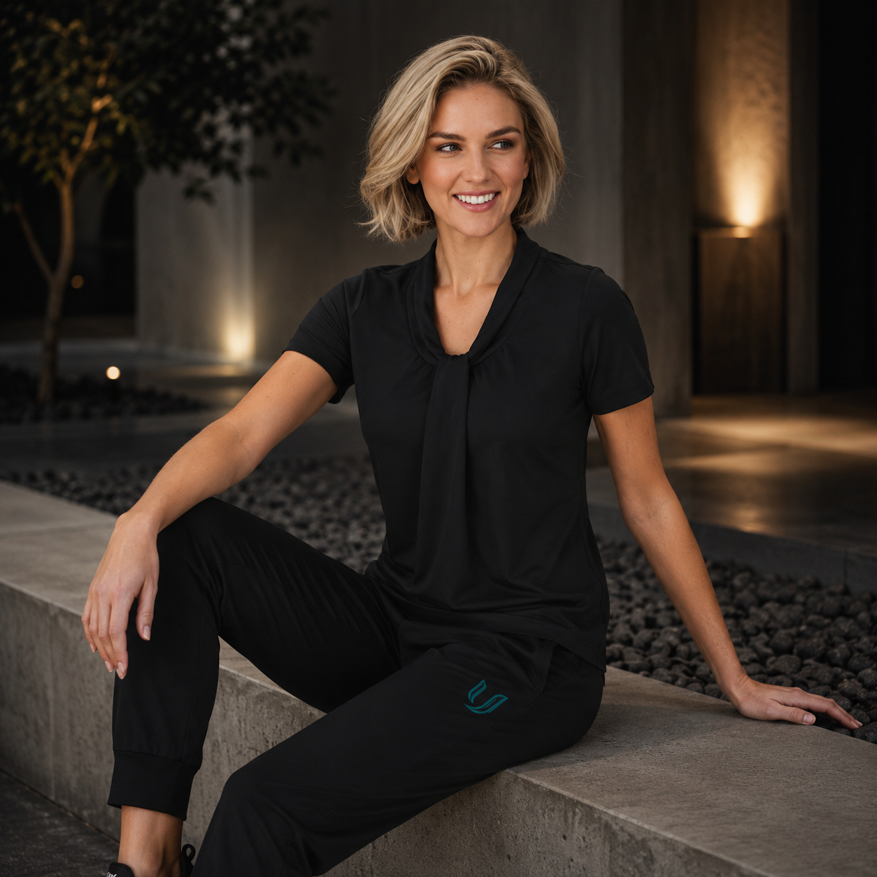 Woman in black outfit sitting on a stone ledge outdoors