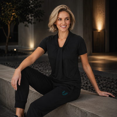 Woman in black outfit sitting on a stone ledge outdoors