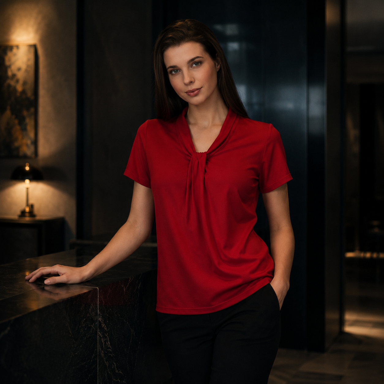Woman in a red shirt standing in a dimly lit room.