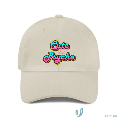 Beige heavy brushed cotton baseball cap with cute but psycho pink cyan embroidery