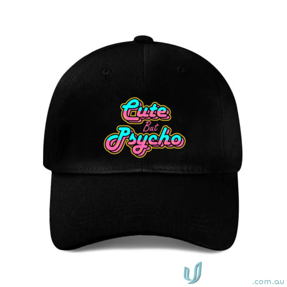 Black baseball cap with cute but psycho neon pink cyan retro print, heavy brushed cotton
