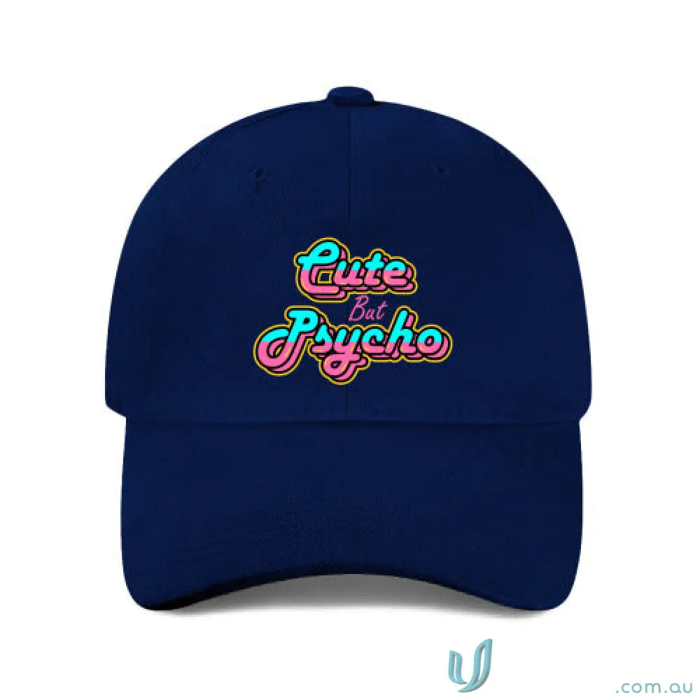 Navy blue heavy brushed cotton cap with cute but psycho neon embroidery, price includes embroidery