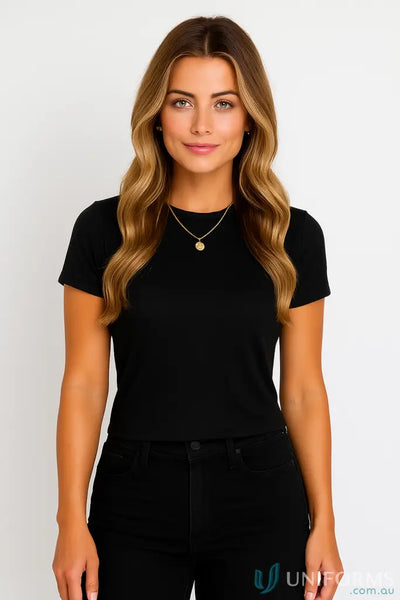 Black short-sleeved fitted printed ladies tee from moq25 printed ladies collection