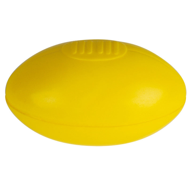 Bright yellow oval plastic aussie rules stress ball with textured grip, perfect for workwear or uniforms stress relief