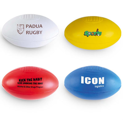 Custom aussie rules stress balls in white yellow red and blue with printed logos ideal for workwear and uniforms