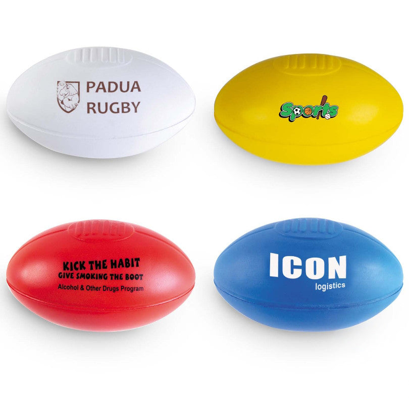 Custom aussie rules stress balls in white yellow red and blue with printed logos ideal for workwear and uniforms
