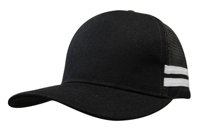 Black american premium striped trucker cap with mesh back and white stripes ideal for workwear and uniforms
