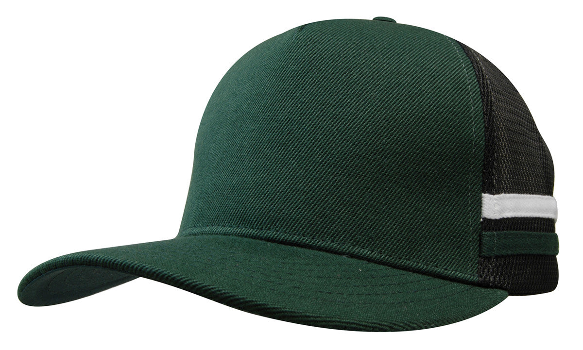 Dark green american premium striped trucker cap with black mesh back ideal for uniforms and workwear use