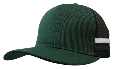 Dark green american premium striped trucker cap with black mesh back ideal for uniforms and workwear use