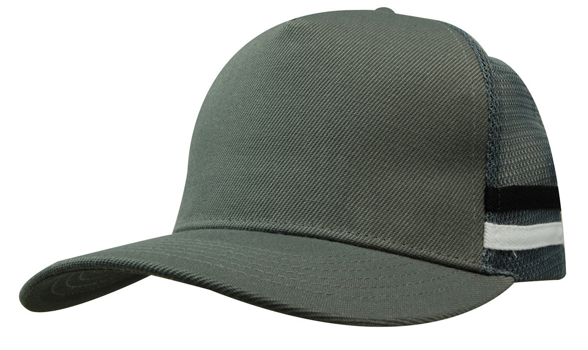 Dark olive green american premium striped trucker cap with mesh back and black and white stripes perfect for workwear uniforms