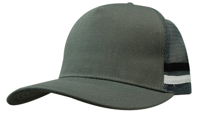 Dark olive green american premium striped trucker cap with mesh back and black and white stripes perfect for workwear uniforms