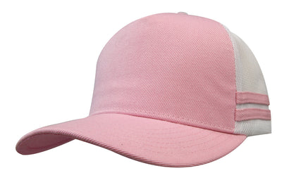 Pink and white trucker style baseball cap with curved brim perfect for workwear and casual uniforms use